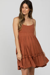 Rust Pleated Waist Ruffle Hem Linen Maternity Dress