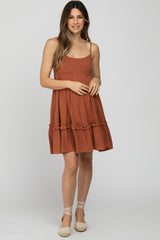 Rust Pleated Waist Ruffle Hem Linen Maternity Dress