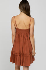 Rust Pleated Waist Ruffle Hem Linen Maternity Dress