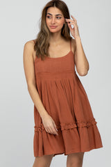 Rust Pleated Waist Ruffle Hem Linen Dress