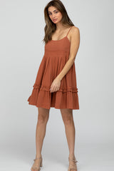 Rust Pleated Waist Ruffle Hem Linen Dress