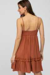 Rust Pleated Waist Ruffle Hem Linen Dress