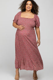 Mauve Floral Smocked Square Neck Maternity Plus Midi Dress