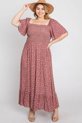 Mauve Floral Smocked Square Neck Plus Midi Dress