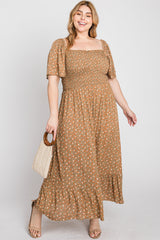 Camel Floral Smocked Square Neck Plus Midi Dress