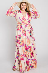 Cream Feather Print Chiffon Plus Maxi Dress