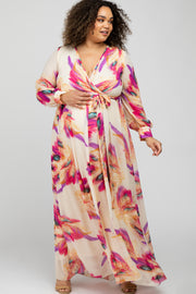 Cream Feather Print Chiffon Maternity Plus Maxi Dress