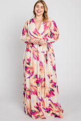 Cream Feather Print Chiffon Plus Maxi Dress