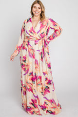 Cream Feather Print Chiffon Plus Maxi Dress