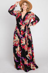 Black Feather Print Chiffon Plus Maxi Dress