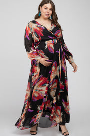 Black Feather Print Chiffon Maternity Plus Maxi Dress