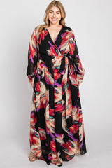 Black Feather Print Chiffon Plus Maxi Dress