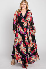 Black Feather Print Chiffon Plus Maxi Dress