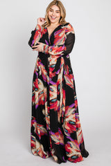 Black Feather Print Chiffon Plus Maxi Dress