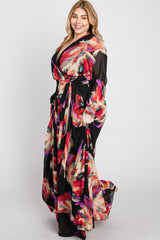 Black Feather Print Chiffon Plus Maxi Dress