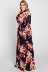 Black Feather Print Chiffon Plus Maxi Dress