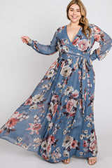 Blue Floral Chiffon Maternity Plus Maxi Dress