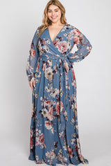 Blue Floral Chiffon Plus Maxi Dress