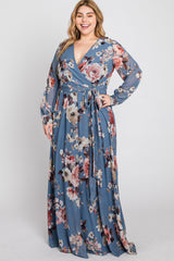 Blue Floral Chiffon Plus Maxi Dress