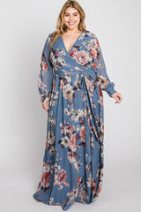 Blue Floral Chiffon Plus Maxi Dress