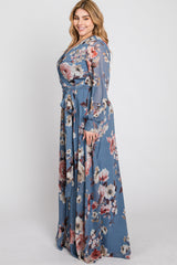 Blue Floral Chiffon Plus Maxi Dress