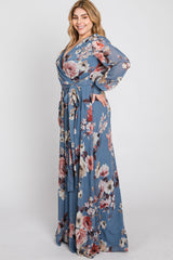 Blue Floral Chiffon Plus Maxi Dress