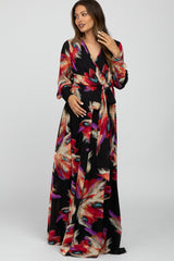 Black Feather Print Chiffon Maternity Maxi Dress