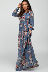 Blue Floral Chiffon Maxi Dress