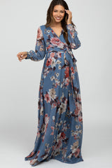 Blue Floral Chiffon Maternity Maxi Dress