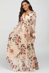 Cream Floral Chiffon Maternity Maxi Dress