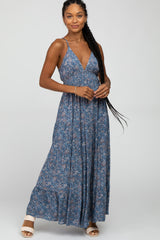 Blue Paisley Print Sleeveless Ruffle Hem Maternity Maxi Dress