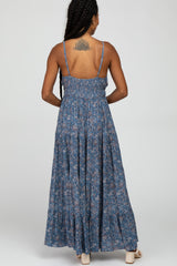 Blue Paisley Print Sleeveless Ruffle Hem Maxi Dress