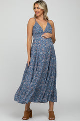 Blue Paisley Print Sleeveless Ruffle Hem Maternity Maxi Dress