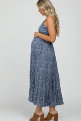 Blue Paisley Print Sleeveless Ruffle Hem Maternity Maxi Dress