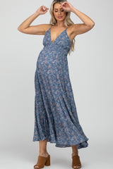 Blue Paisley Print Sleeveless Ruffle Hem Maternity Maxi Dress