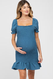 Blue Smocked Puff Sleeve Maternity Dress