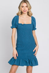 Blue Smocked Puff Sleeve Dress