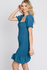 Blue Smocked Puff Sleeve Dress