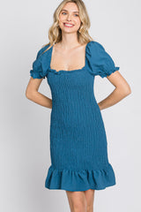 Blue Smocked Puff Sleeve Dress