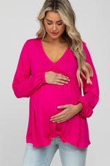 Fuchsia V-Neck Ruffle Accent Maternity Long Sleeve Top