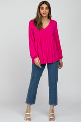 Fuchsia V-Neck Ruffle Accent Long Sleeve Top