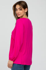 Fuchsia V-Neck Ruffle Accent Long Sleeve Top