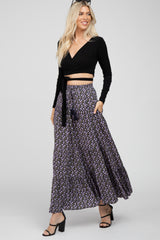 Black Lavender Floral Tiered Maxi Skirt