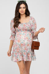 Pink Floral Smocked 3/4 Sleeve Maternity Dress