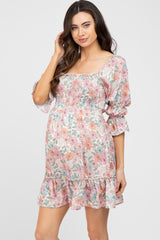 Pink Floral Smocked 3/4 Sleeve Maternity Dress