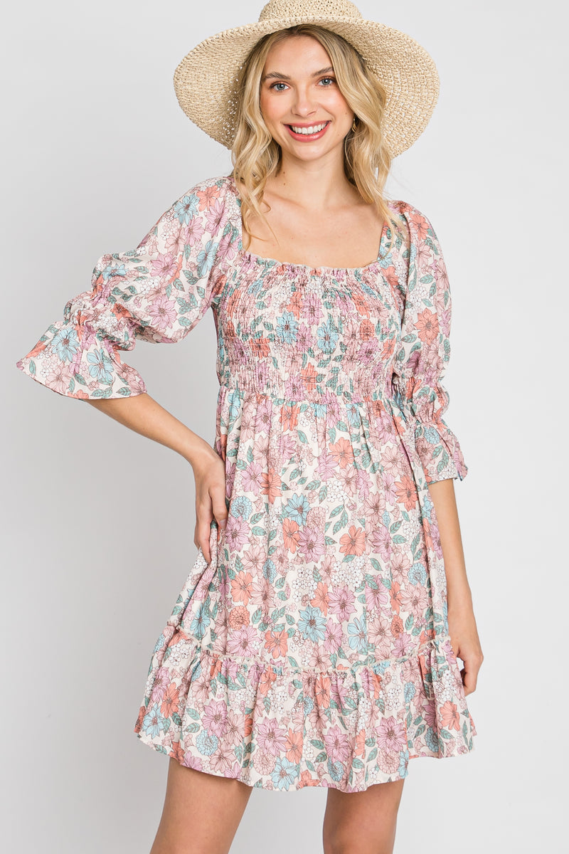 Pink Floral Smocked 3/4 Sleeve Dress – PinkBlush