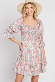 Pink Floral Smocked 3/4 Sleeve Dress