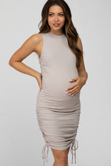 Taupe Sleeveless Ruched Side Tie Maternity Dress