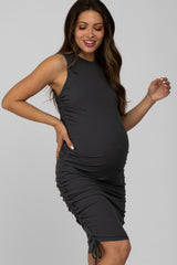 Charcoal Sleeveless Ruched Side Tie Maternity Dress