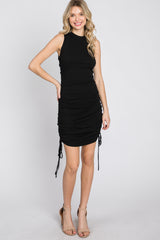 Black Sleeveless Ruched Side Tie Dress